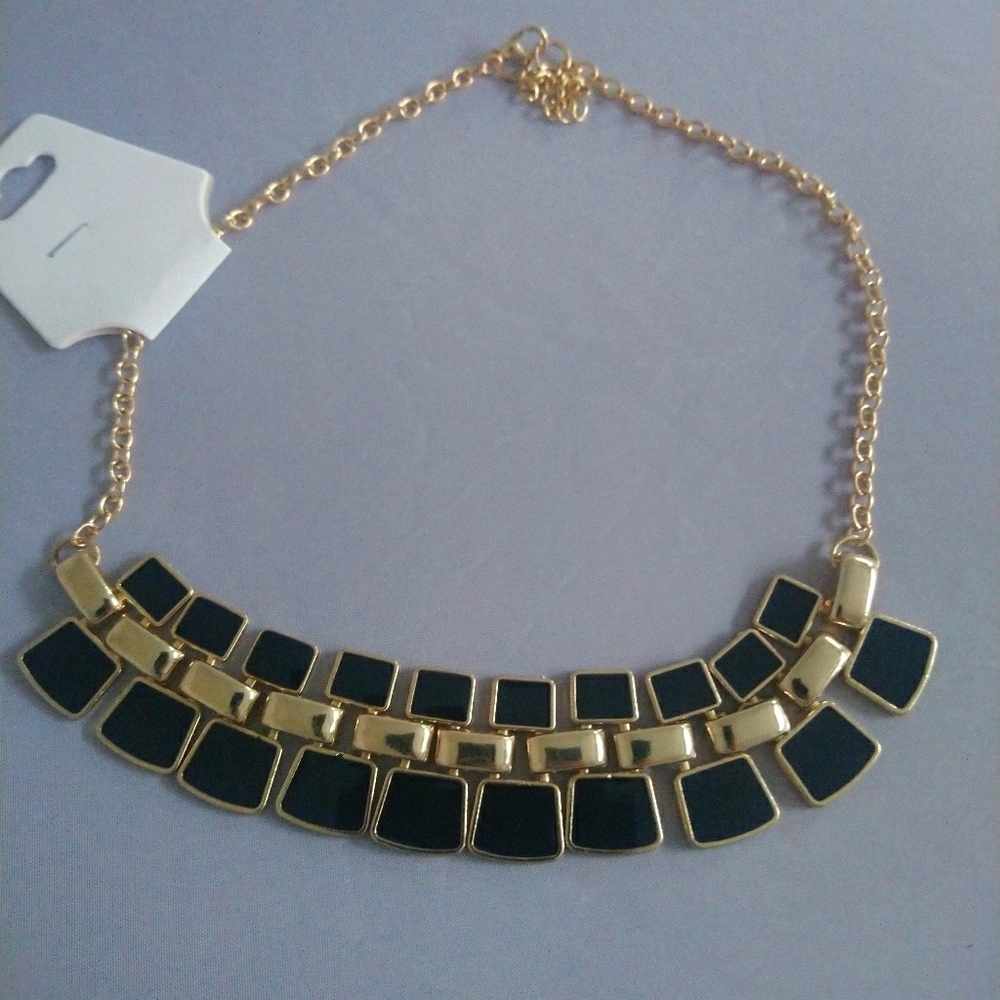 Modern Gold Tone Black Enamel Geometric Bib Collar Necklace Art Deco Style‎